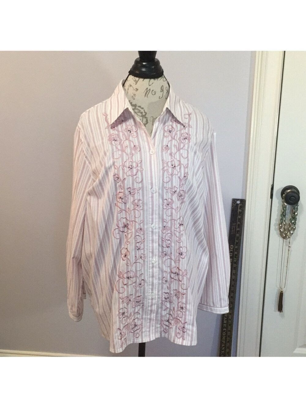 Napa Valley Striped Pink and White Embroidered Shirt 1X